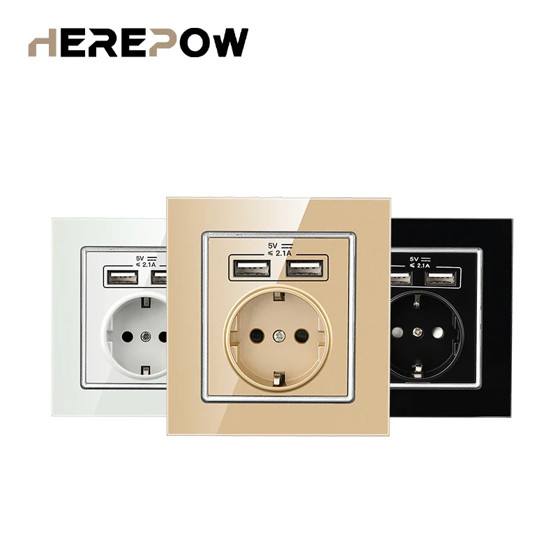 Herepow Розетка электрическая с двумя usb портами EC стандарт белая/черная/золотая