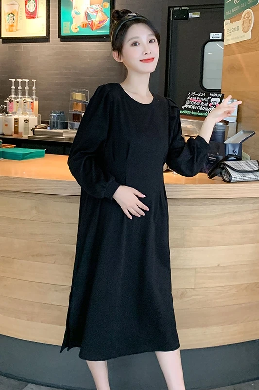 

9022# 2021 Spring Cotton Maternity Long Dress Elegant Korean Fashion Slim A Line Clothes for Pregnant Women Pregnancy Party Wear