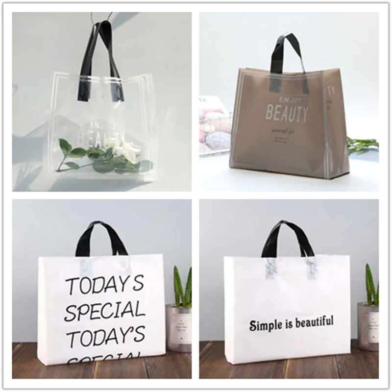 

50pcs Thick Large Plastic Bags Transparent English alphabet Gift Bag Clothing Store Packaging Bags With Handle Shopping Bag