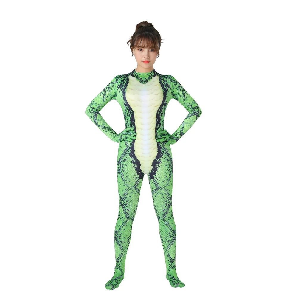 

Green Boa Cosplay Jumpsuit For Adults Halloween Costumes For Woman Kids Jungle Snake Animals Performance Zentai