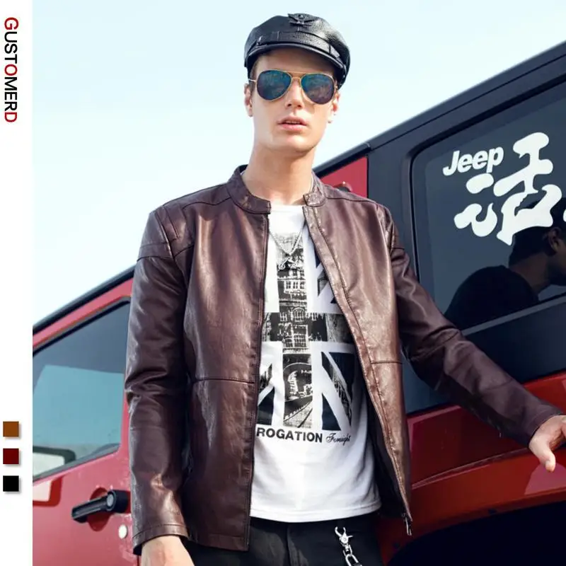 

GustOmerD New Men's Leather Jacket Autumn Body Motorcycle Leather Jacket Stand Collar Fashion Casual Jacket Men