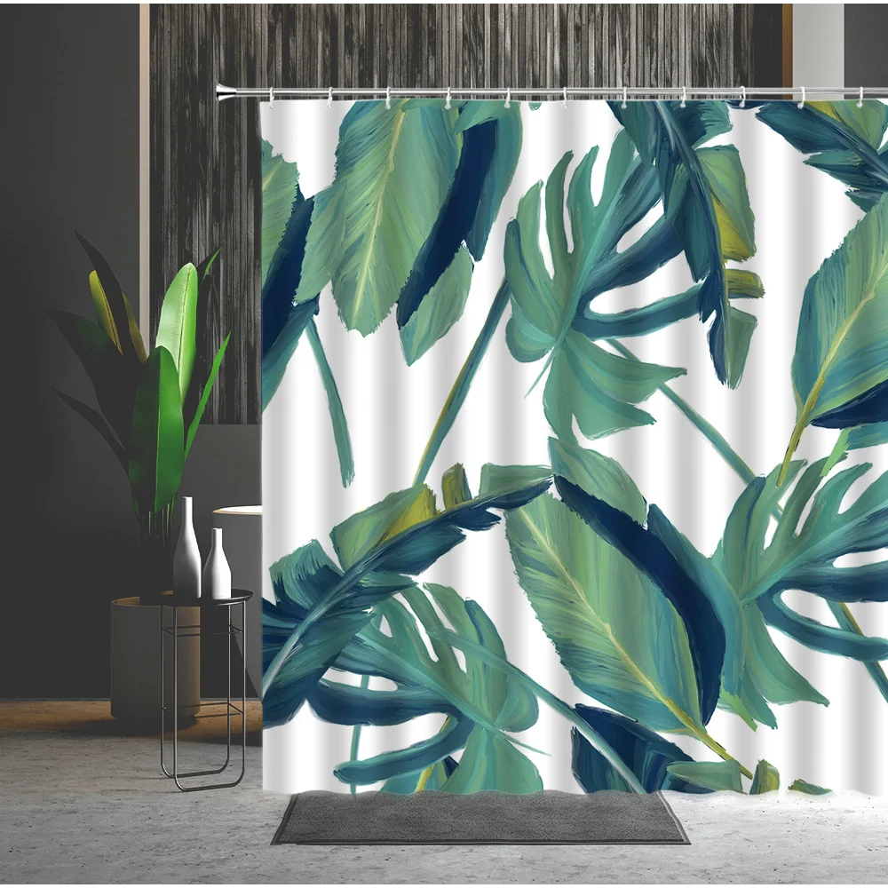 

Tropical Plants Shower Curtains Banana Leaf Flamingo Leaf Birds Bathtub Decoration Bath Curtain Multiple Size With Hooks