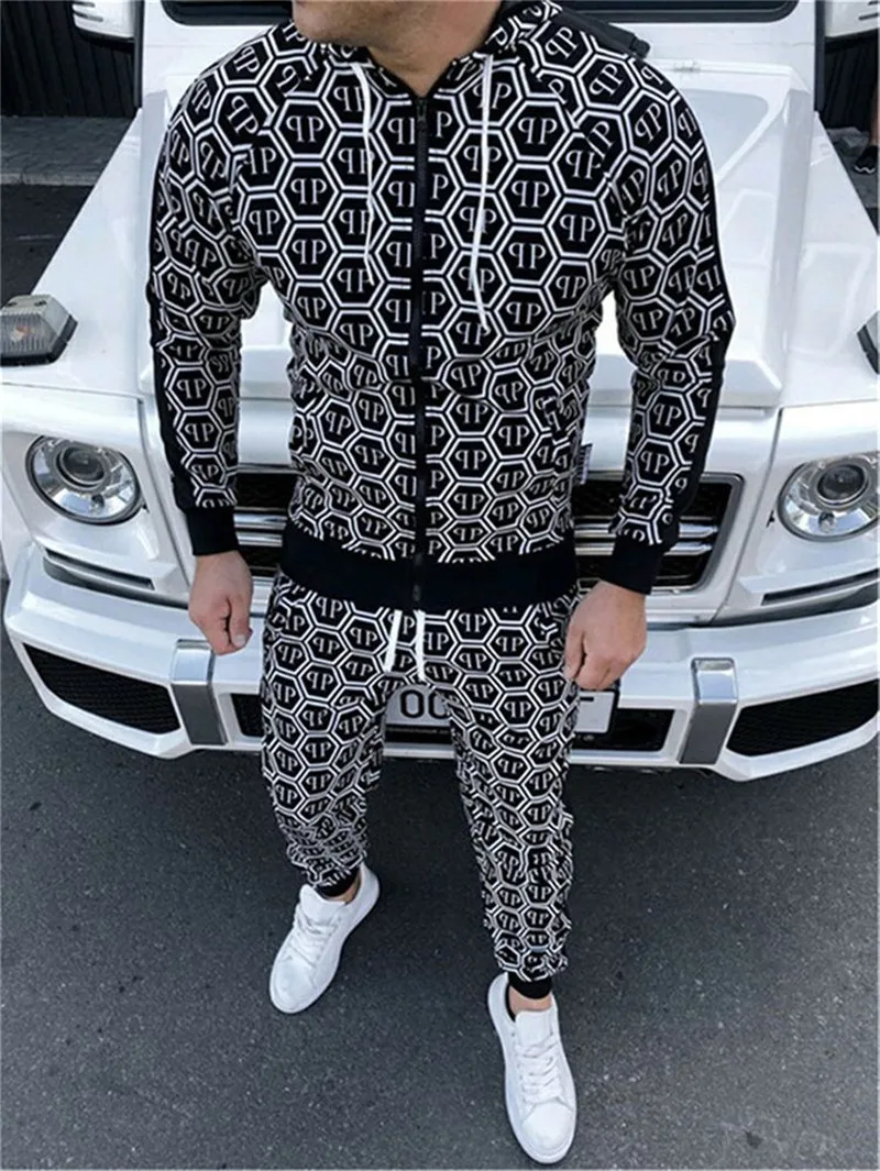 

2021 Casual Men's Hooded Sweatshirt + Printed Zippered Jacket Multifunctional Slim Pants 2-piece Sportsuit