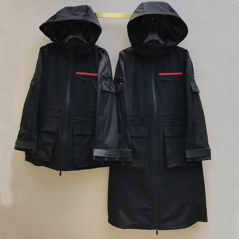 

Женский осенне-зимний Тренч с капюшоном, однотонное черное пальто с надписью 2 дизайна, длинное повседневное пальто на молнии, Высококачест...