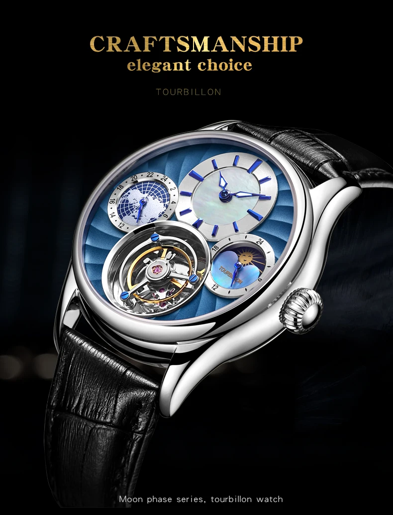 Tourbillon сапфир часы Скелетон Мужские автоматические механические часы Многофункциональный 24-часовой и лунной фазой, Для мужчин часы лучший бренд класса люкс