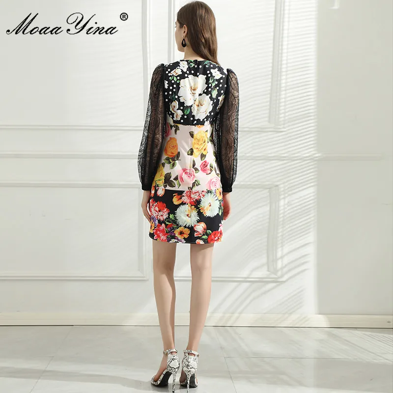 

MoaaYina Summer Women's Fashion Designer Dress Lace Long sleeve Floral Print Beaded Black Dresses
