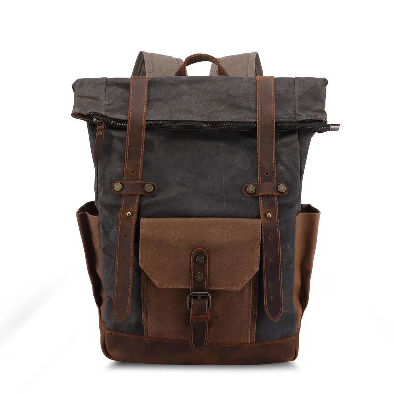 

Retro Oil Wax Canvas with Crazy Horse Leather Waterproof Travel Backpack Men's Large Capacity Laptop Bag