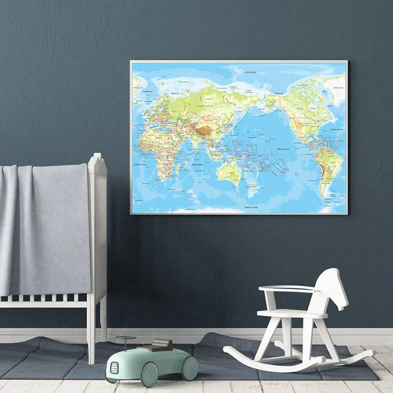 

Small Canvas Physical Map of The Topography Wall Sticker Vintage World Topography Maps for Home School Education Decor 90*60cm