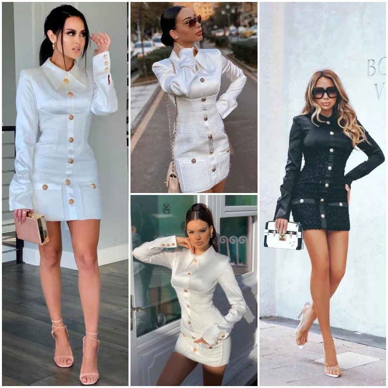 Glamaker, твидовое клетчатое лоскутное офисное платье для женщин, на пуговицах, высокая талия, облегающее платье, сексуальные, элегантные, вечерние, короткое, весеннее платье