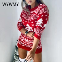 wywmy fashion loose christmas sweater dresses ladies long sleeve print a line mini dress new womens knitted tops autumn winter