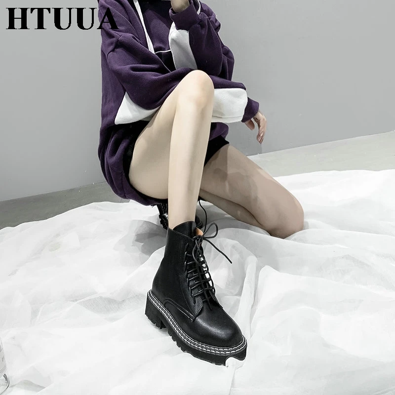HTUUA/теплые плюшевые зимние ботинки женские короткие ботильоны на шнуровке в