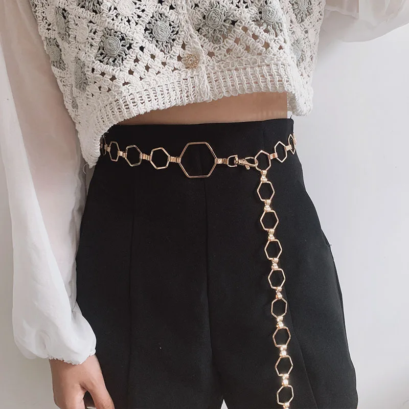 Brand Lingge Geometric Belt for Women Fashion Waist Chain  Ladies Designer Metal Punk Waistband Ladies Girdle Chain Famale Belts