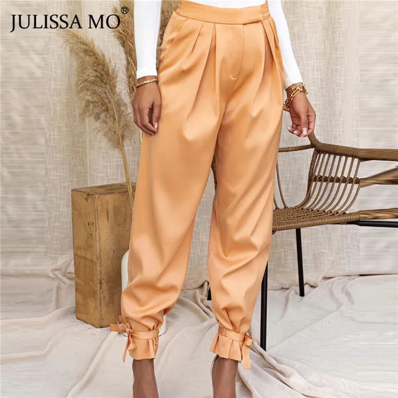 

JULISSA MO White Satin High Waist Pants Women Autumn Pockets Long Harem Pants Elegant Ladies Lace Up Leggings Trousers 2020