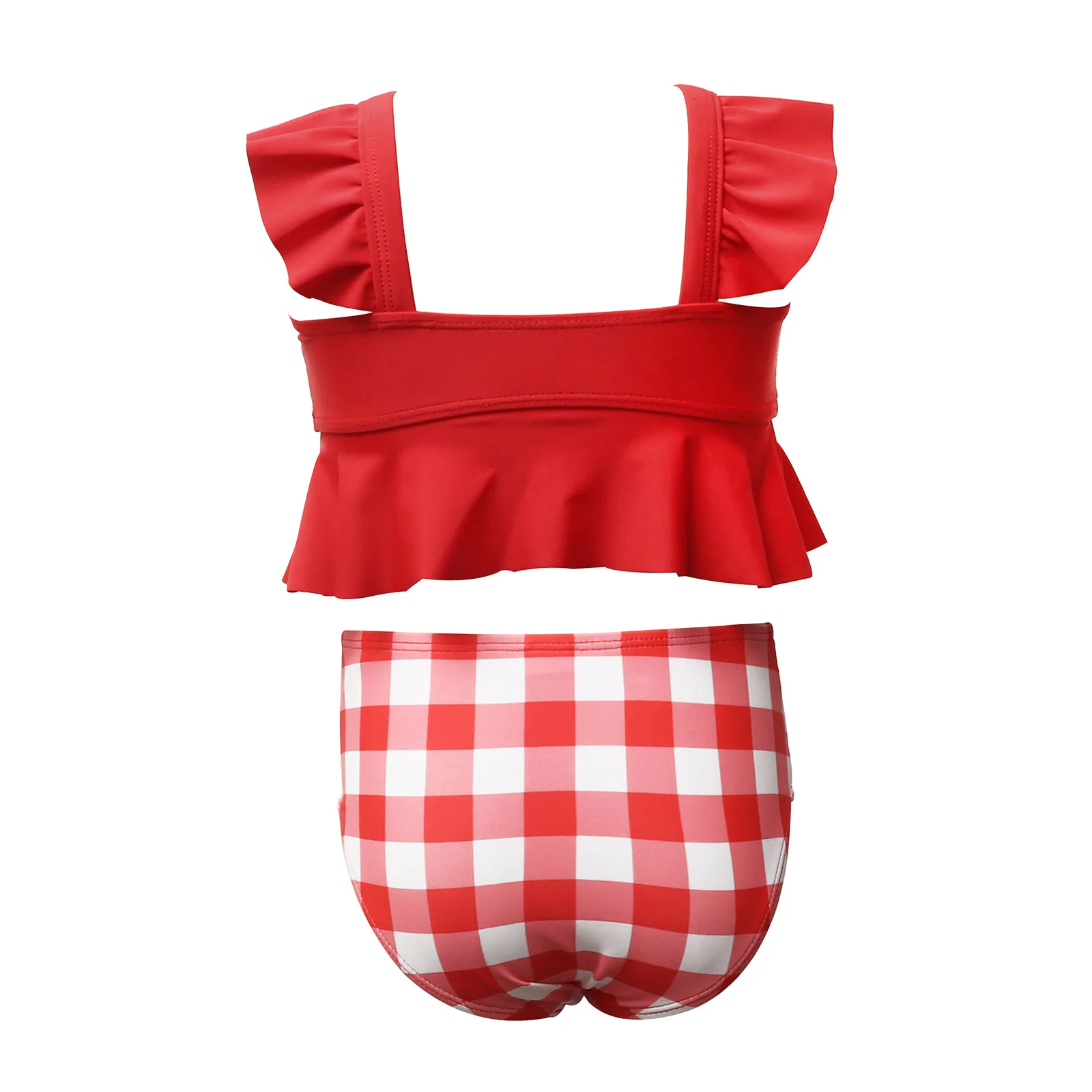 

Girl’s 2Pcs Swimwear Set Solid Color Square Neck Ruffled Tank Tops with Checked High Waist Triangle Bottoms Children's swimsuit