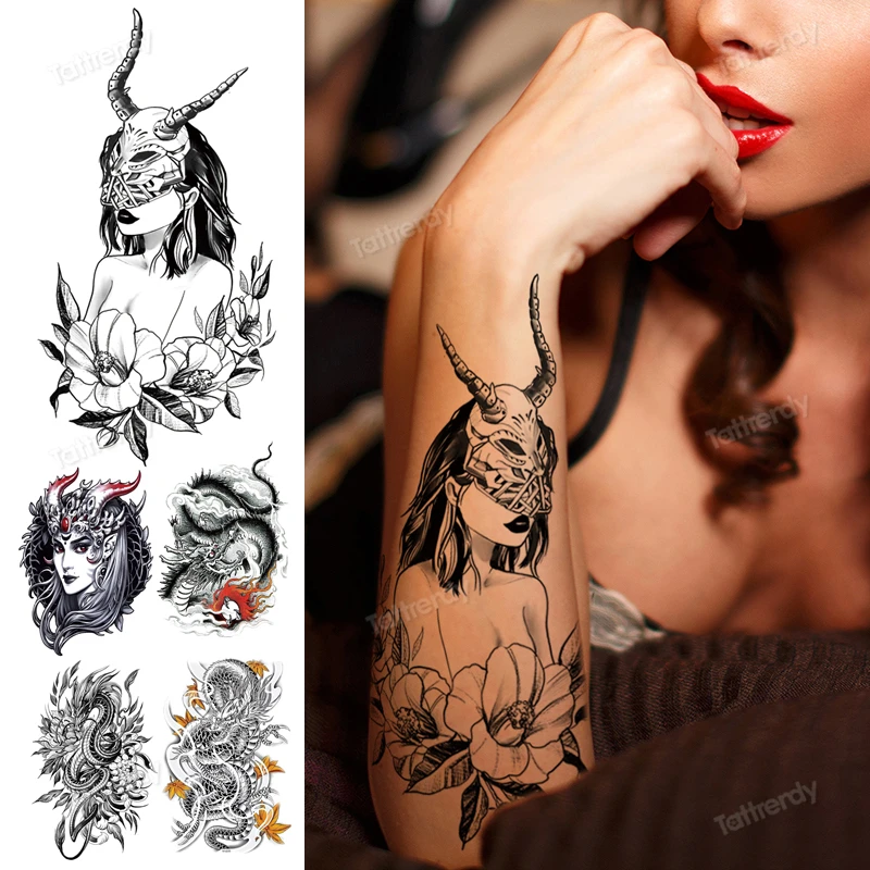 

arm sleeve tattoo sticker black anime girls temporary tattoos waterproof forest snake rose sexy body art tattoo water transfer