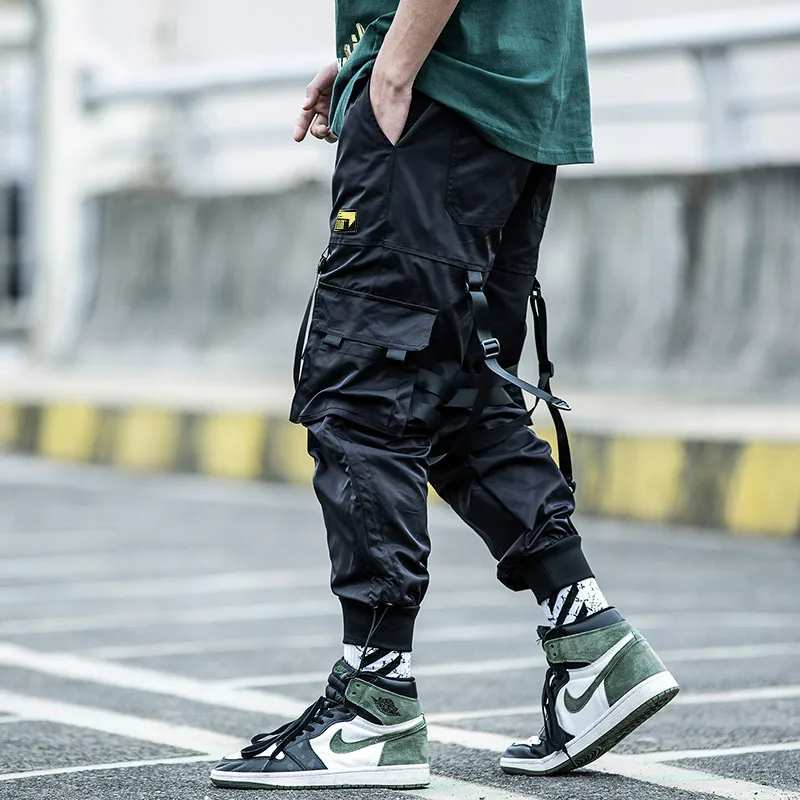 Ropa de paracaidista de cinta Harajuku Hip hop para hombre, pantalones cargo sueltos con múltiples bolsillos, monos de tendencia para pies, vestido de calle
