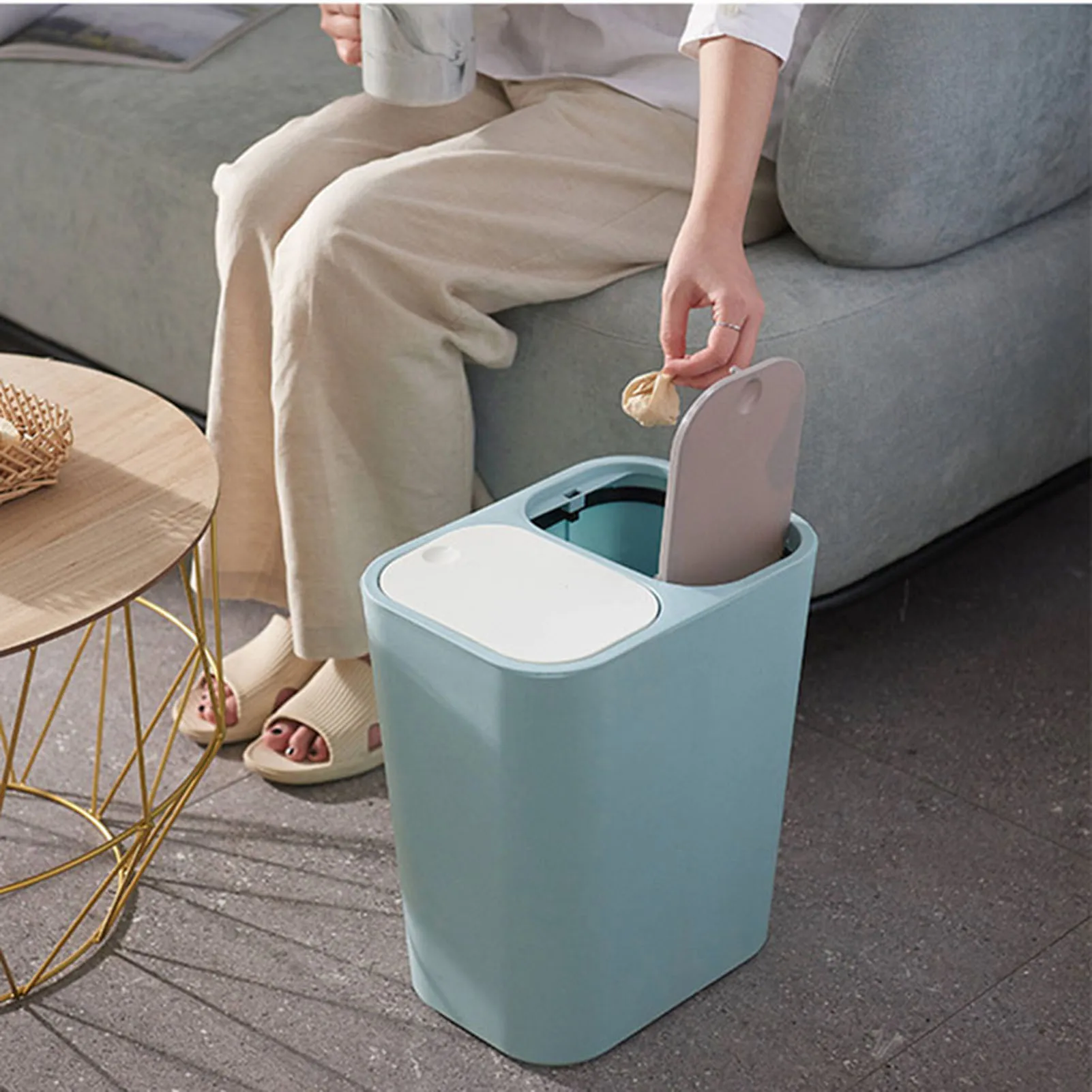 

Trash Bin Rectangular PP Double Compartment Trash Bin with Lid for Kitchen Bathroom Living Room 2020ing