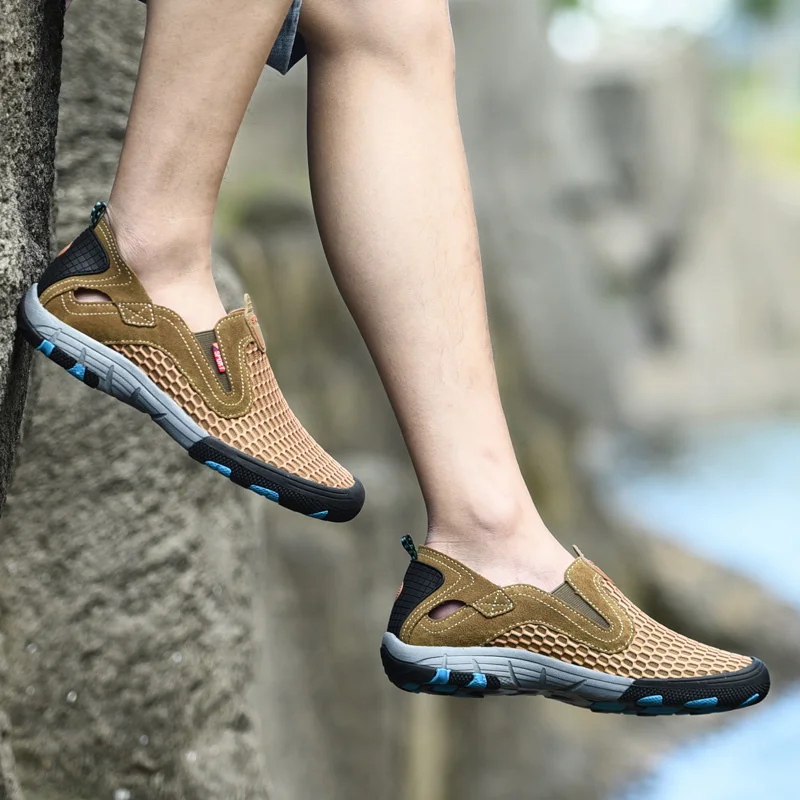 

UEXIA 2019 Hollow Fashion Summer Shoes Men Casual Cowhide Mesh Splice Shoes Large Size Lightweight Breathable Slip-on Man Flats