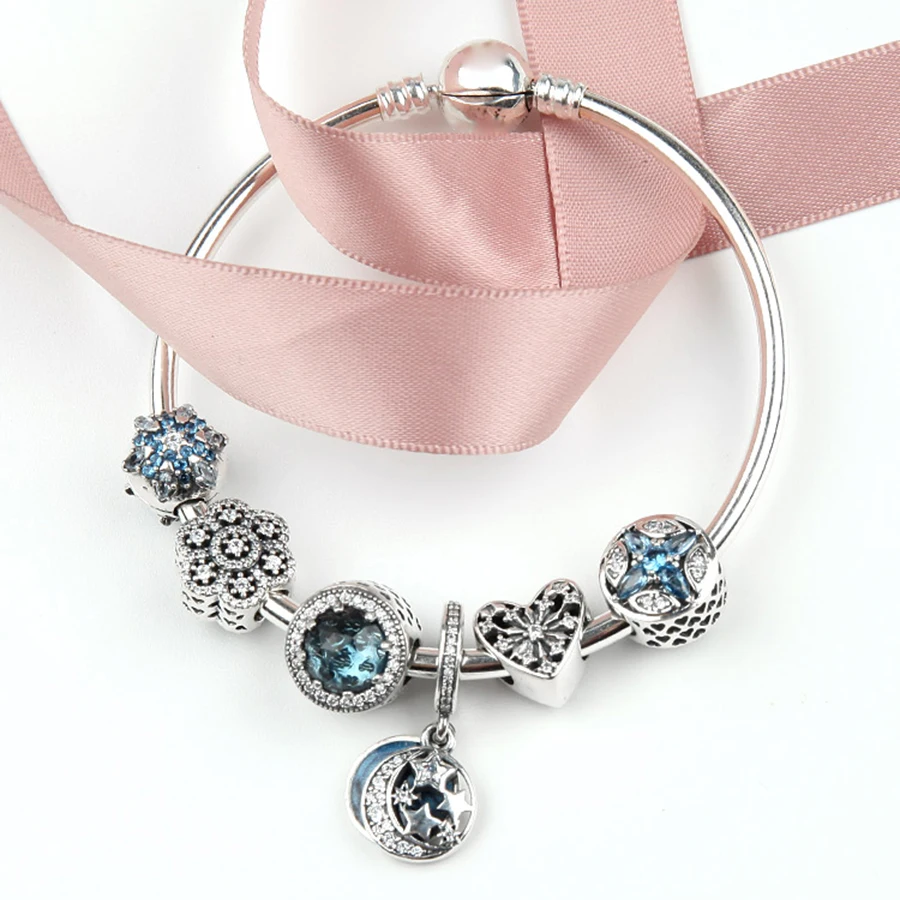 

NEW 100% 925 Sterling Silver Brand New 1:1 Genuine Ocean Heart Charm Bracelet Fairytale Star Lady Bracelet Set