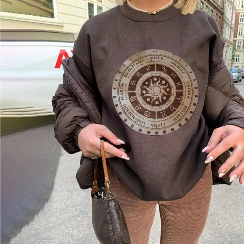 

Vintage Brown Pattern Print Crewneck Sweatshirts Women Streetwear Pullovers Loose Oversized Girls Fashion Tops Streetwear Autumn