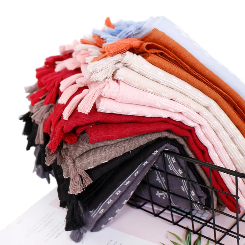 Вышитый хлопковый шарф-шаль с бахромой, вискозный хиджаб от индийских гладких хлопковых шарфов и оберточных платков, фуляр, сяль, мусульманский бандана.
