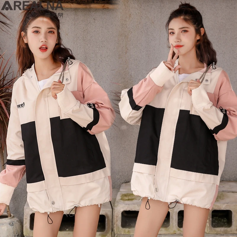 

2020 New Autumn Harajuku Hooded Jacket Women Long Sleeve Hit Color Patchwork Hip Hop Student Outwear Plus Size Loose Women Coats