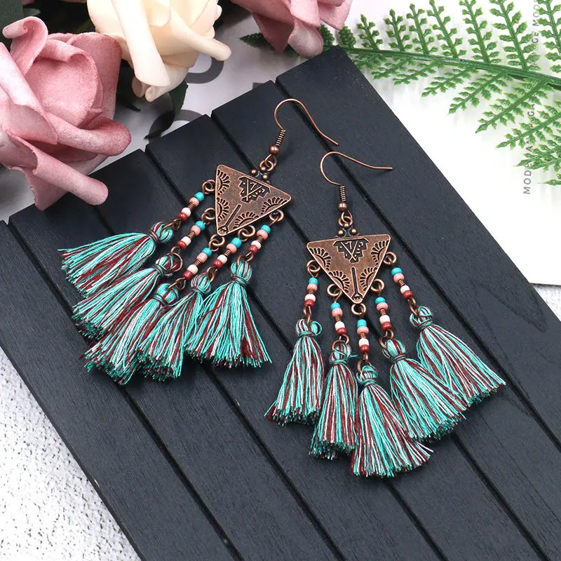 Геометрические античные латунные треугольные хлопковые серьги с бахромой и