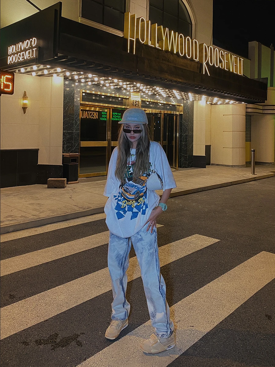 

T-shirt col rond en coton pour femme 2021, streetwear, Harajuku, manches courtes rtro, voiture de course, vente en gros