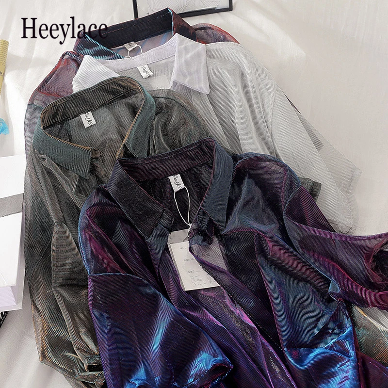 Блузка женская в стиле Харадзюку яркая шелковая прозрачная сетчатая блузка с