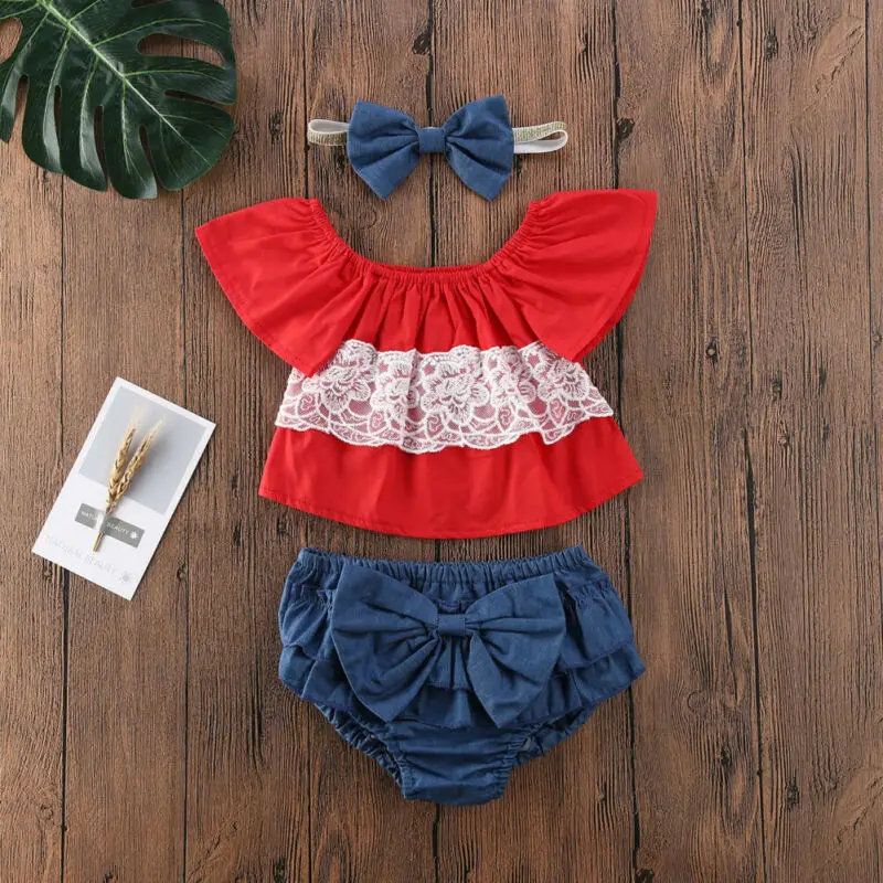 

2020 New Fashion 0-24M Princess Infant Baby Girls Summer Clothes Set Off-Shoulder Lace Tops+Bowknot Ruffle Shorts Summer Outfit