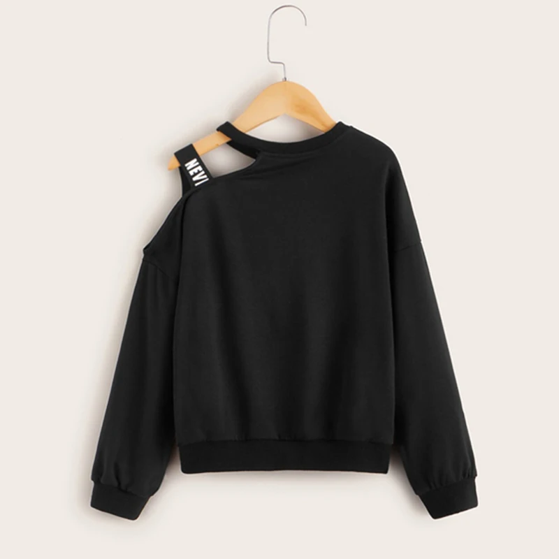 SHEIN Kiddie/черный пуловер на одно плечо с буквенным принтом и ремешком; детские топы; коллекция года; Осенняя детская повседневная толстовка с длинными рукавами