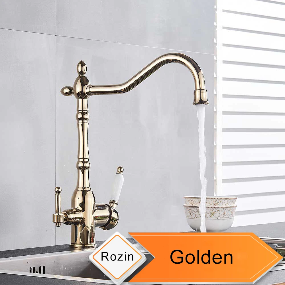 Golden Золотой фильтр для воды, кухонный кран с двумя ручками, кухонный кран для питьевой воды, латунный поворотный носик 3 в 1, очиститель воды, кран для раковины - Цвет: Golden