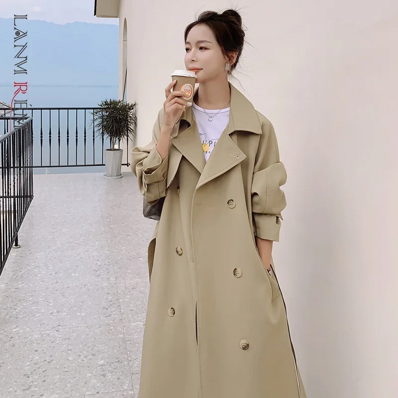 

LANMREM Women Khaki Trench 2021 Autumn Winter New Solid Color Double Breasted Lapel Female Fashion Windbreaker Outwear 2J149