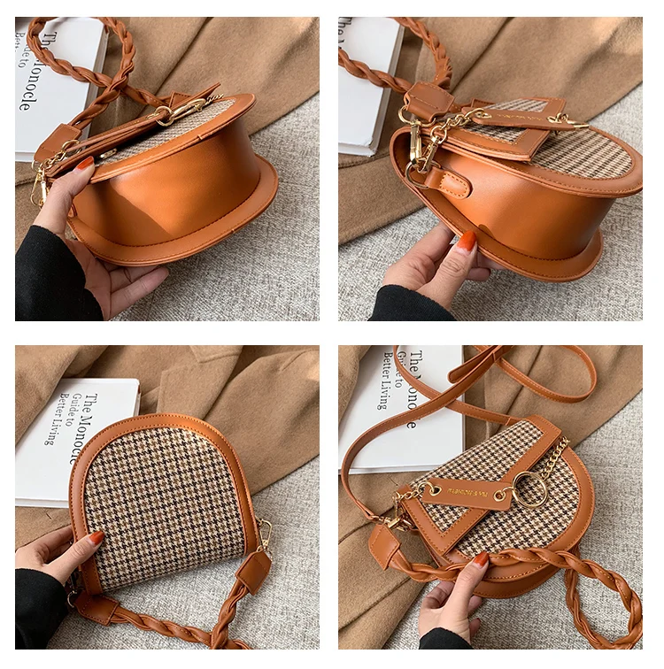 

Winter Woollen Bags 2021 New Trendy One-Shoulder Women's Bag Cross-Body Versatile Ins Plaid Saddle Black