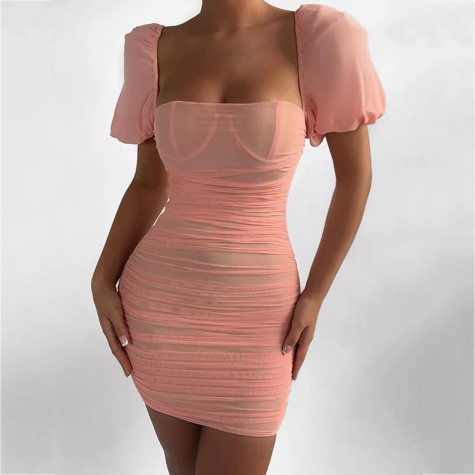 

2021 Summer Women's Clothing New Sexy Mesh See-through off-Neck Puff Sleeve Nightclub Skirt Sheath Dress