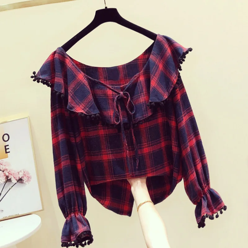 Женская рубашка в клетку Корейском стиле красная свободная клетчатая блузка с