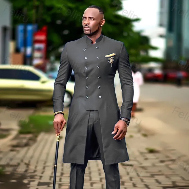 2021 Double Breasted African Design Slim Fit Men Suits For Wedding Groom Tuxedos Dark Grey Bridegroom Suits Best Man Prom Blazer