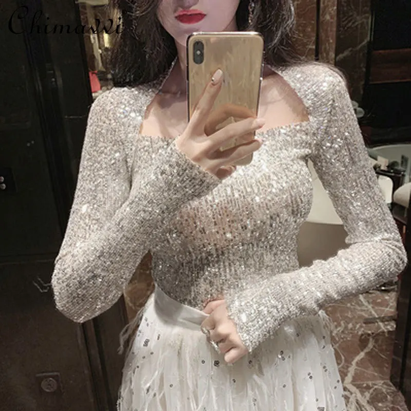 

Spring Clothes 2022 New Sexy Slim Fit Elegant Bottoming Top Feminine Fashion Sequins Long Sleeve All-Matching T-shirt Women