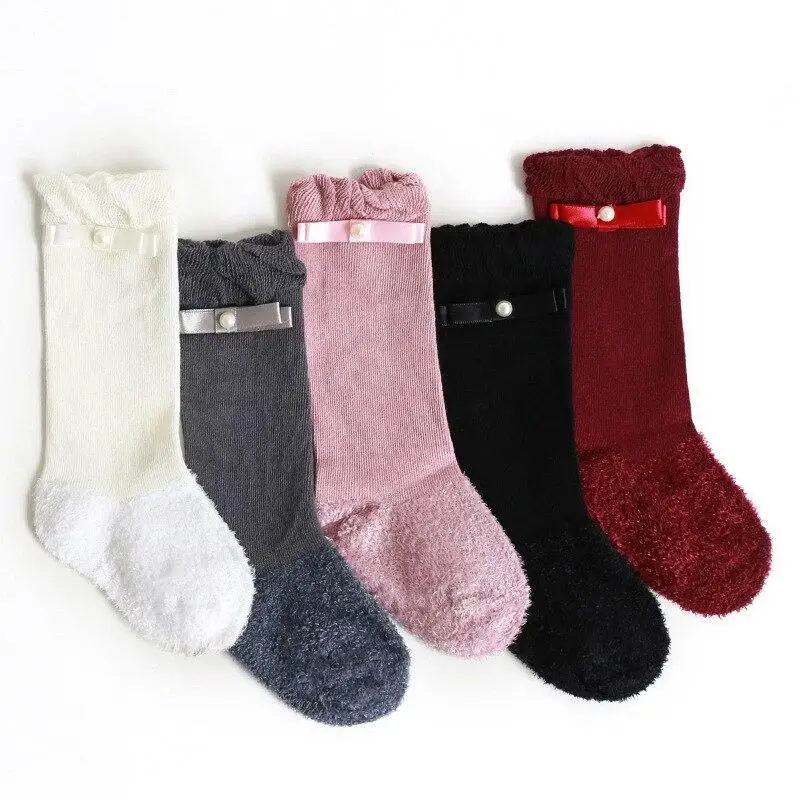 

Newborn Baby Girls Thicken Socks Autumn Winter Velvet Warm Socks Kids Bow Long Tube Sock Princess Infant Baby Socks