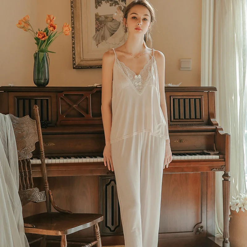 

Modal Pajamas Women Three-Piece Set Fairy Style Princess Sexy Sling Thin Nightwear French Style Trousers Pink Sleepwear Spring