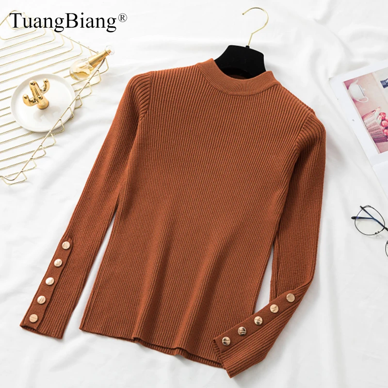Ladies Long sleeve Knit Autumn Sweater Winter Basic Metal Button Women Elastic Turtleneck Pullovers Split Cuff Tops jumpers