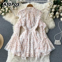 atopos sweet floral women elegant chiffon dress spring off shoulder short dresses long sleeve high waist vestidos female clothes