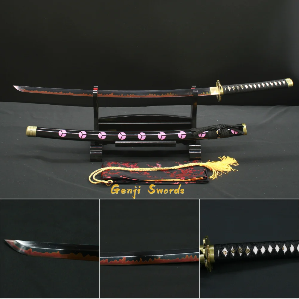 Handmade Shusui One Piece Sword Roronoa Zoro Katana Black T10 Steel Clay-Tempered Red Hamon