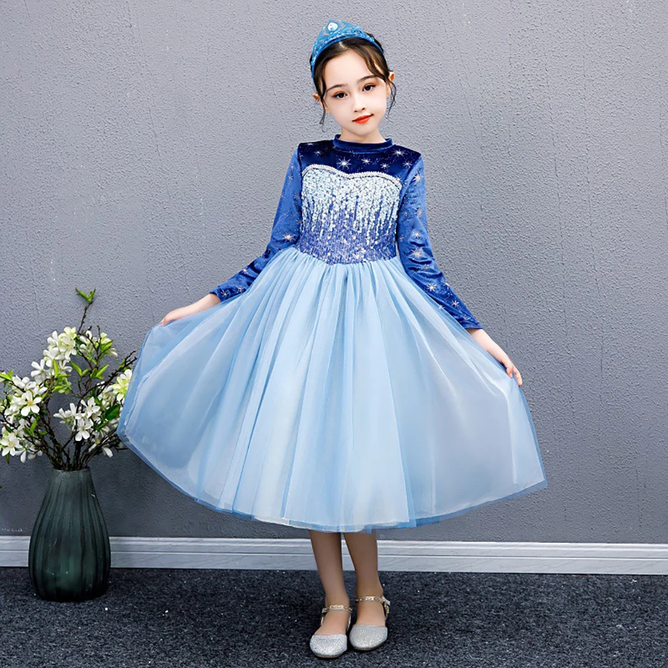 

Autumn Winter Long Sleeve Elsa Dress Kids New Year Party Costume Baby Girl Snow Queen Role Playing Frocks