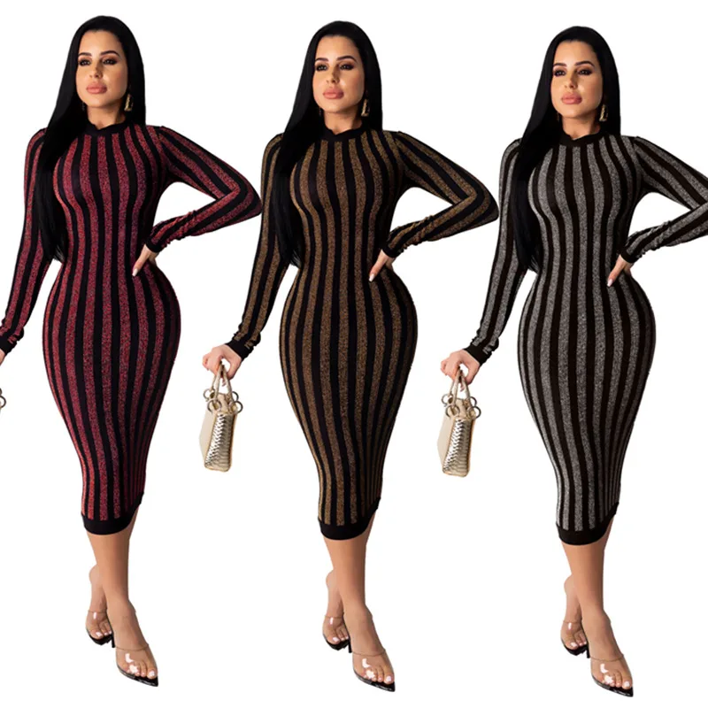 

Women's Casual Lycra Stripes Elastic Midi Dress