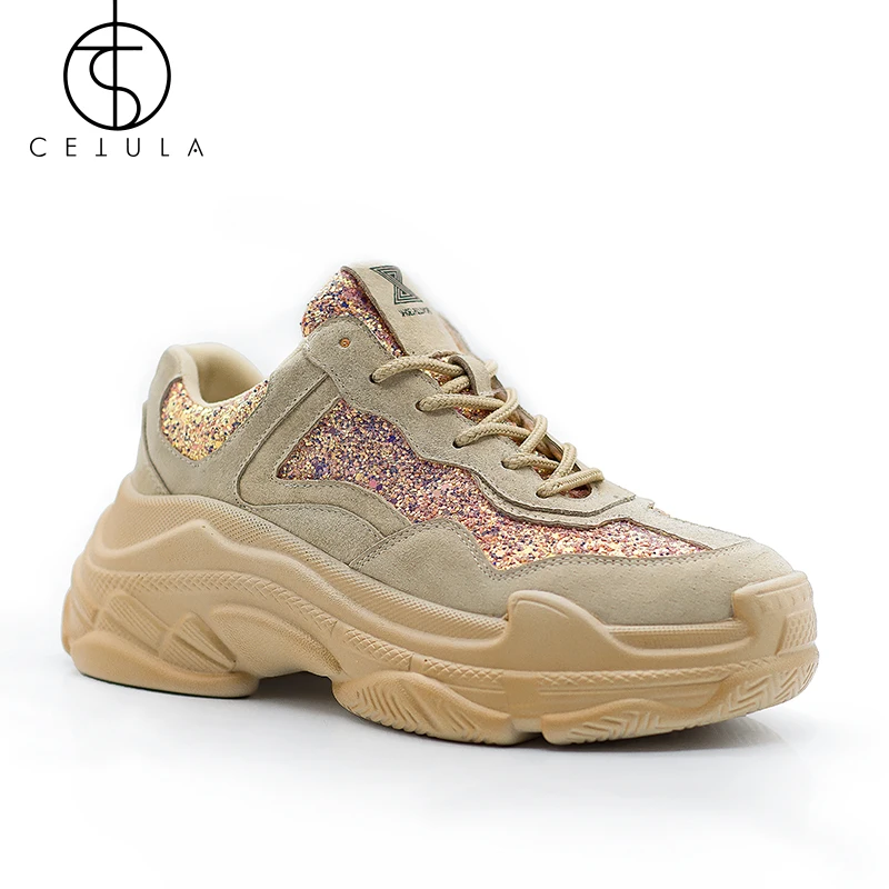 Cetula 2019 г. блестящие Замшевые женские кроссовки из натуральной кожи с блестками