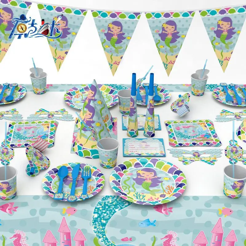 

Набор одноразовой посуды с юбкой-годе для девочек, бумажные чашки, сумки, тарелки, баннер, Русалка, аксессуары для дня рождения
