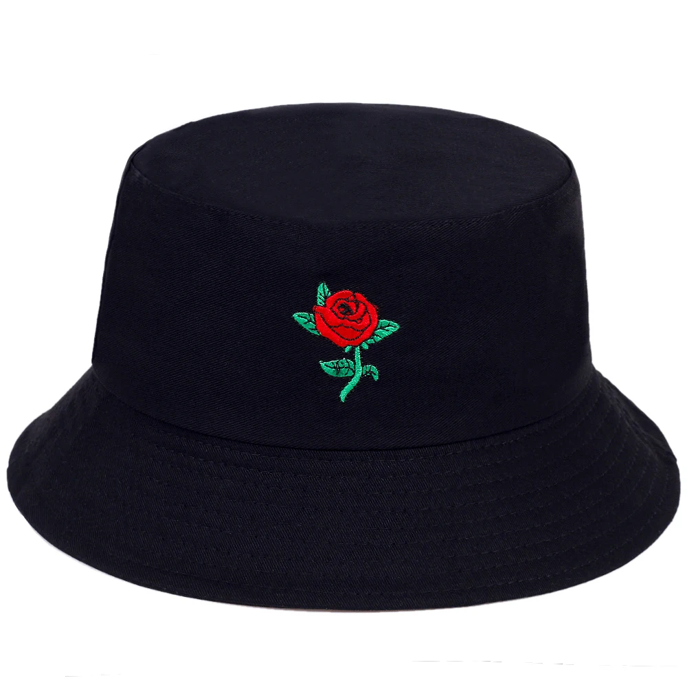 

New Fashion rose Embroidery Fisherman Hat Hip Hop Fishing Harajuku Sun Hat Bucket Cap Summer Hip Hop Bucket Hats gorras