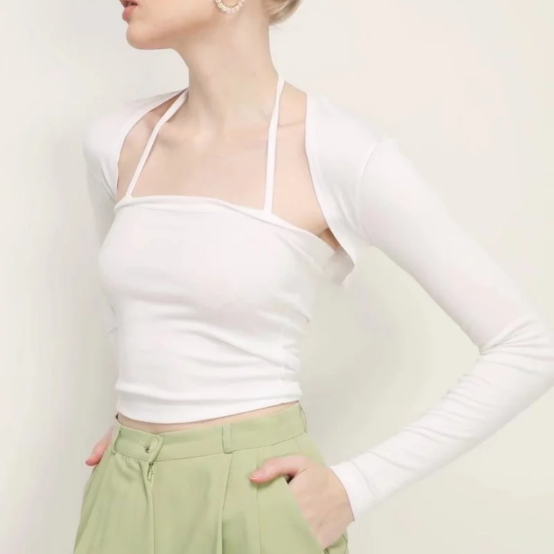 

Fall fashion white crop top women long sleeve top sexy casual t shirt and cami top women 2 pieces sets outfits for women