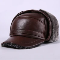 ht3499 winter baseball cap men warm genuine leather hat male earflap russian cap elder man dad hats with ear flaps baseball hat
